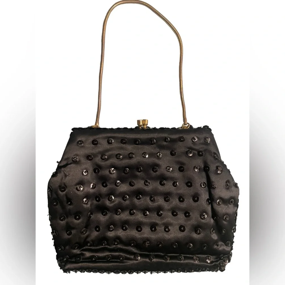 Vintage 50’s Grande Maison Blanche handmade evening clutch beading black gold